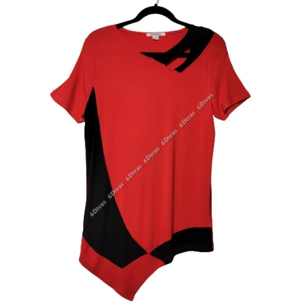 Red Top, Tunic Top Short Sleeved Asymmetrical Blouse -  Sizes S,  XL